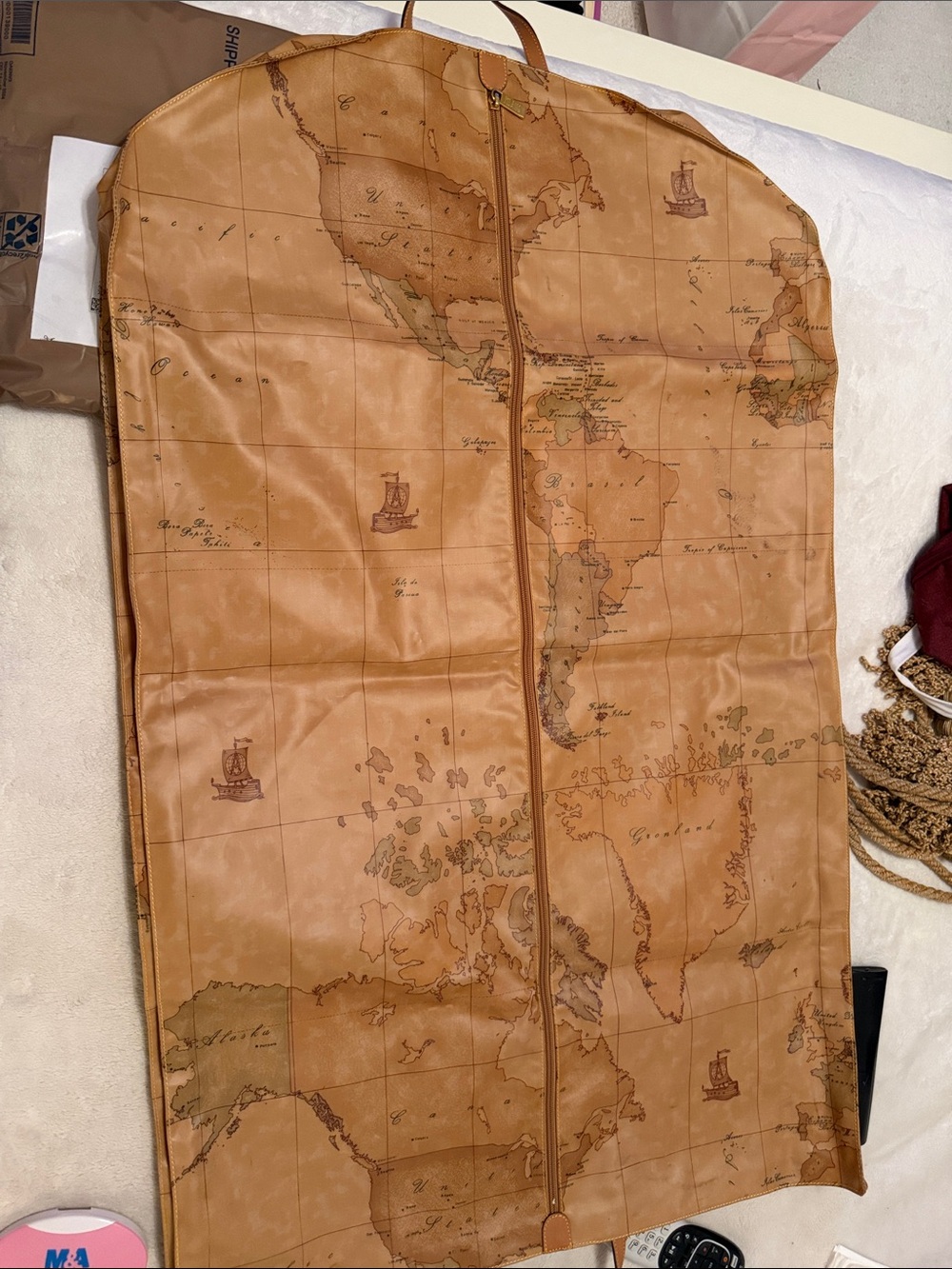 Alviero Martini Travel Garment Bag in Map Print Tan/Brown
